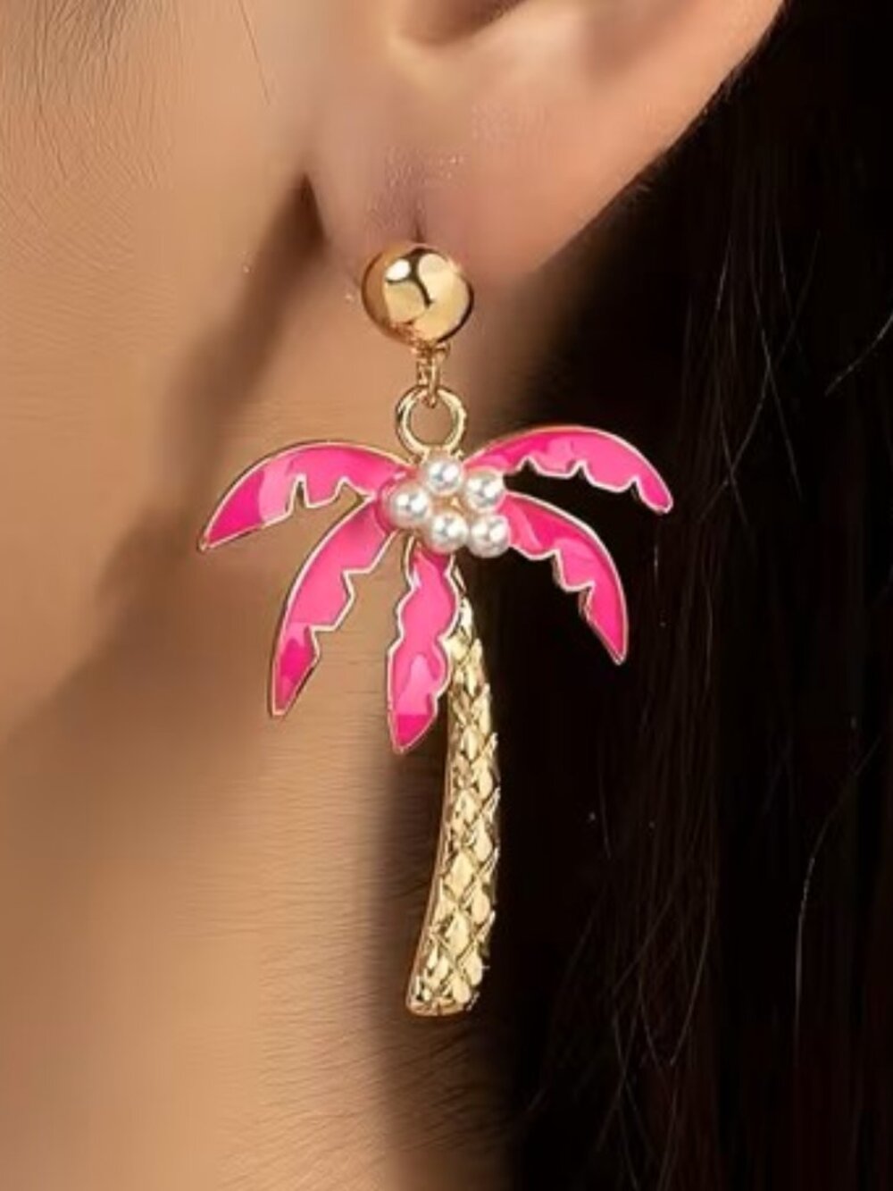 Beach Summer Vibes Tropical Pink Palm Tree Dangle Earrings Z2